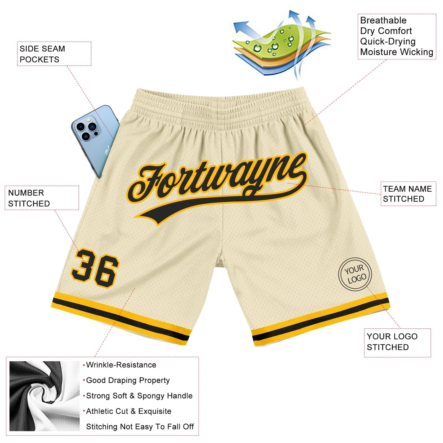 Custom Cream Black-Gold Authentic Throwback Basketball Shorts view 2