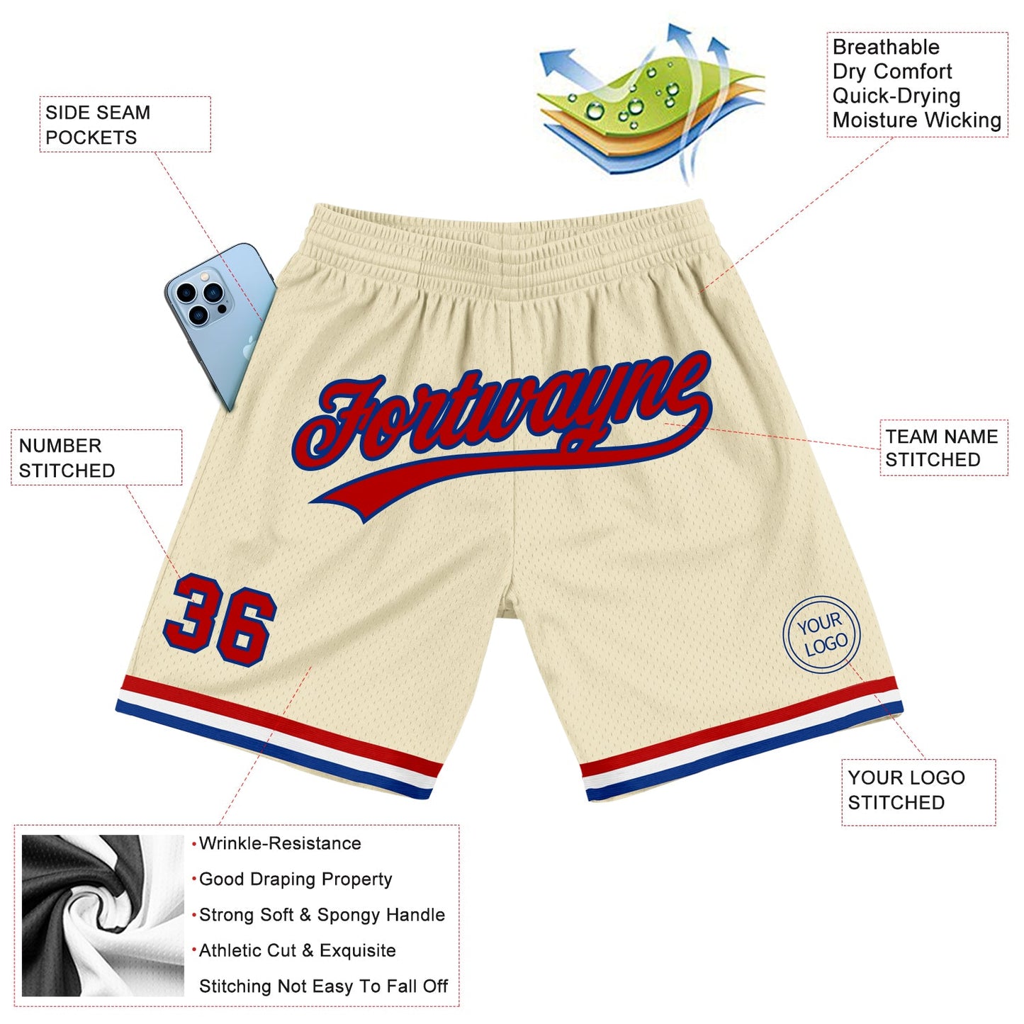 Custom Cream Red-Royal Authentic Throwback Basketball Shorts view 2
