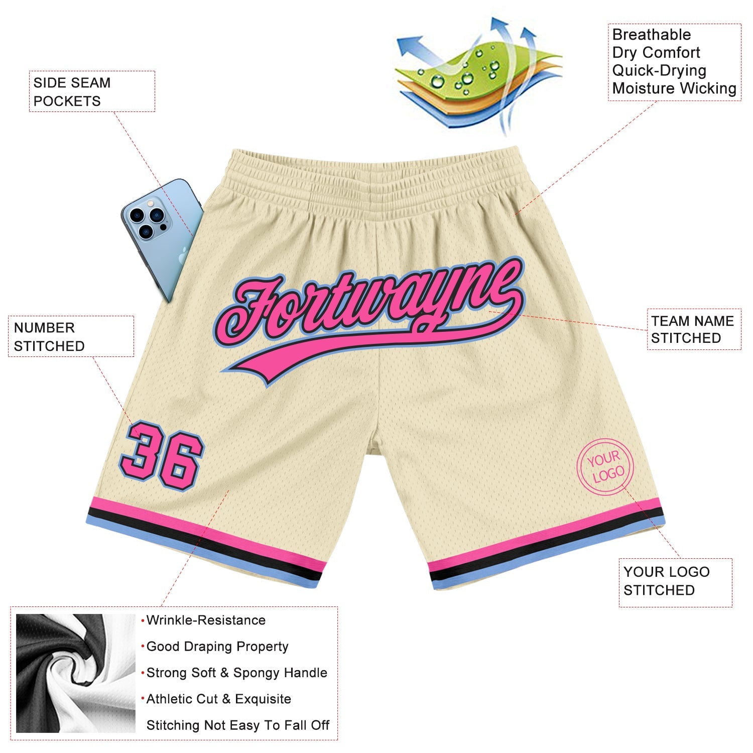 Custom Cream Pink Black-Light Blue Authentic Throwback Basketball Shorts view 2