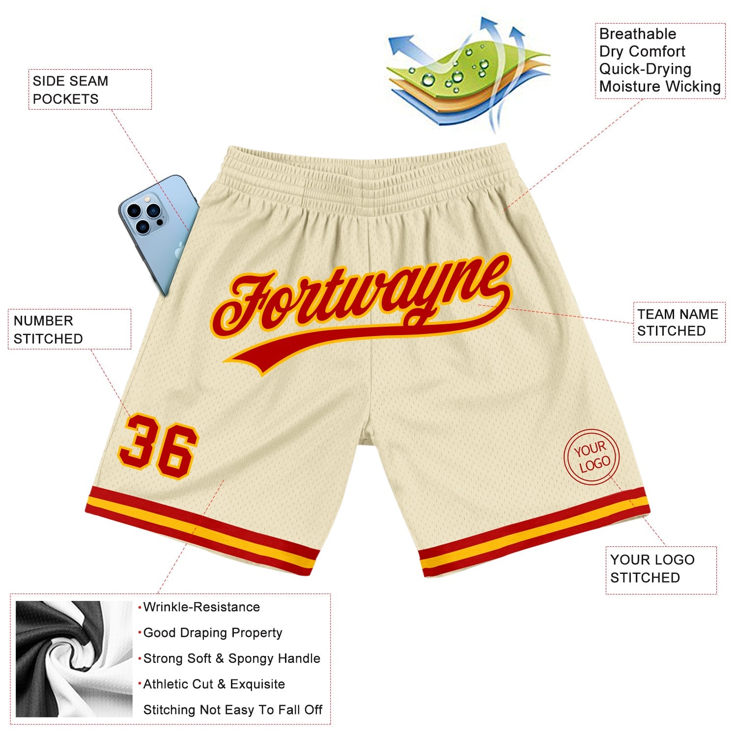 Custom Cream Red-Gold Authentic Throwback Basketball Shorts view 2