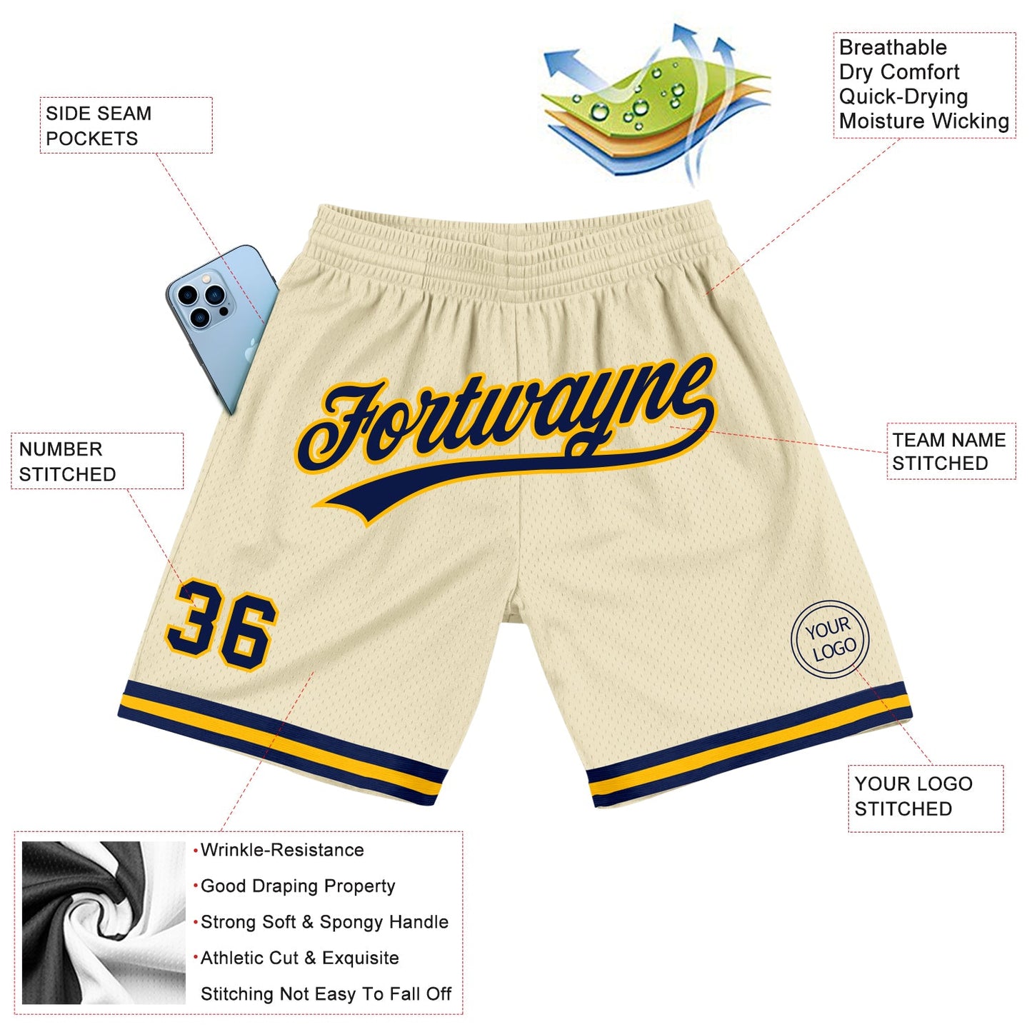 Custom Cream Navy-Gold Authentic Throwback Basketball Shorts view 2