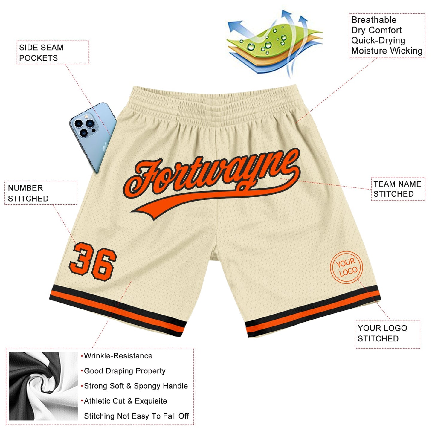 Custom Cream Orange-Black Authentic Throwback Basketball Shorts view 2
