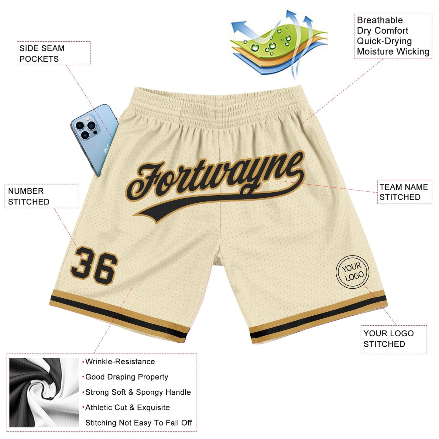 Custom Cream Black-Old Gold Authentic Throwback Basketball Shorts view 2