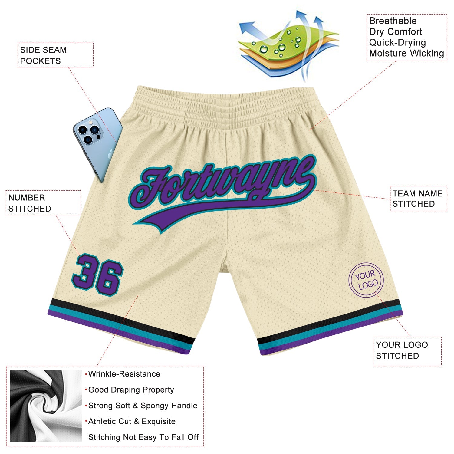 Custom Cream Purple Black-Teal Authentic Throwback Basketball Shorts view 2