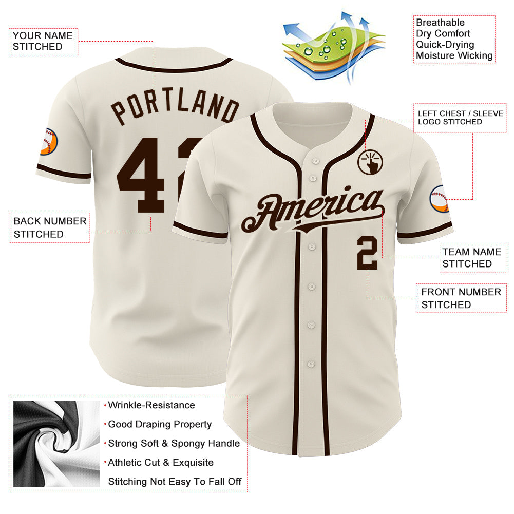 Custom Cream Brown Authentic Baseball Jersey view 3