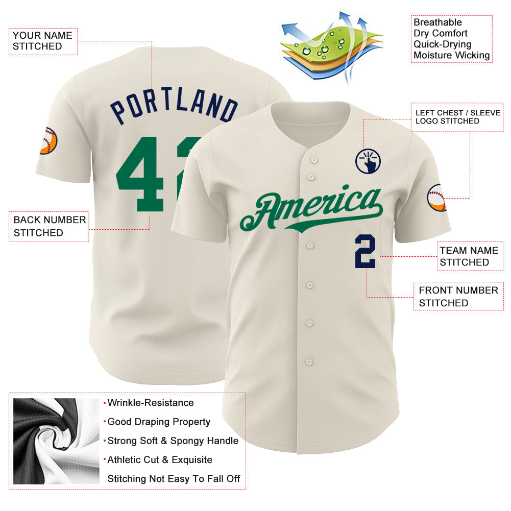 Custom Cream Kelly Green-Navy Authentic Baseball Jersey view 3