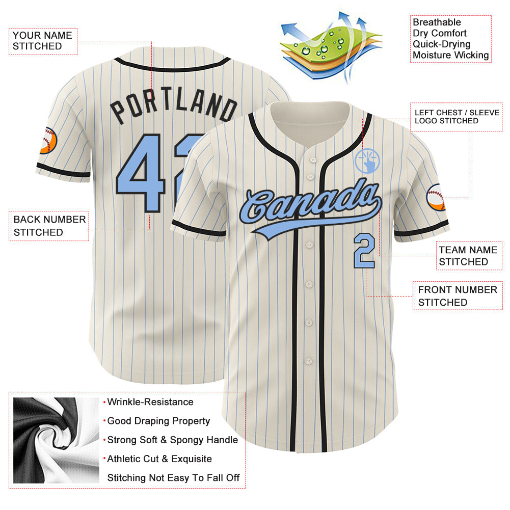 Custom Cream Light Blue Pinstripe Black Authentic Baseball Jersey view 3