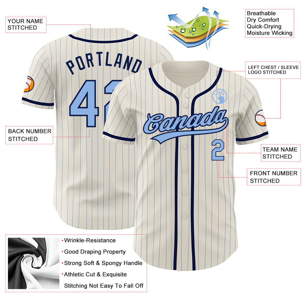 Custom Cream Light Blue Pinstripe Navy Authentic Baseball Jersey view 3