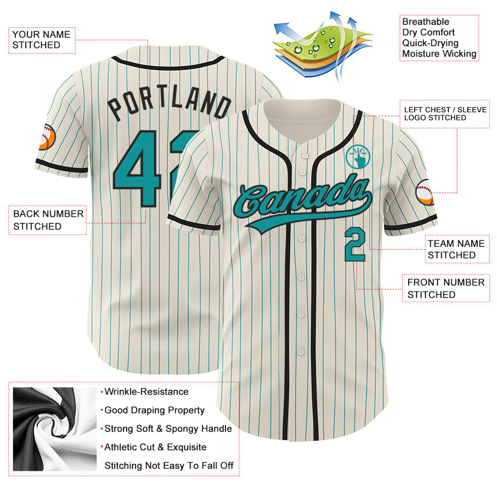 Custom Cream Teal Pinstripe Black Authentic Baseball Jersey view 3