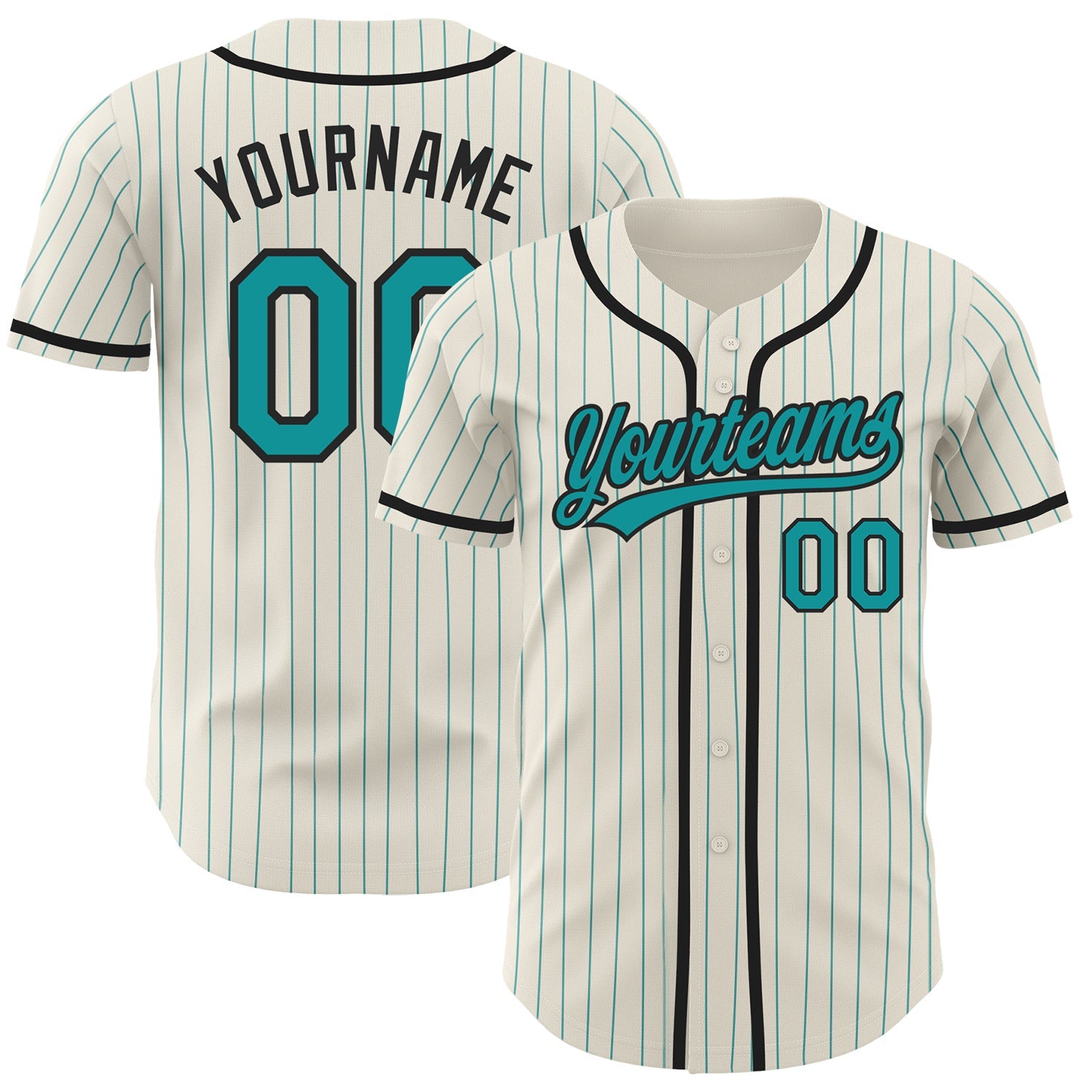 Custom Cream Teal Pinstripe Black Authentic Baseball Jersey - Main View