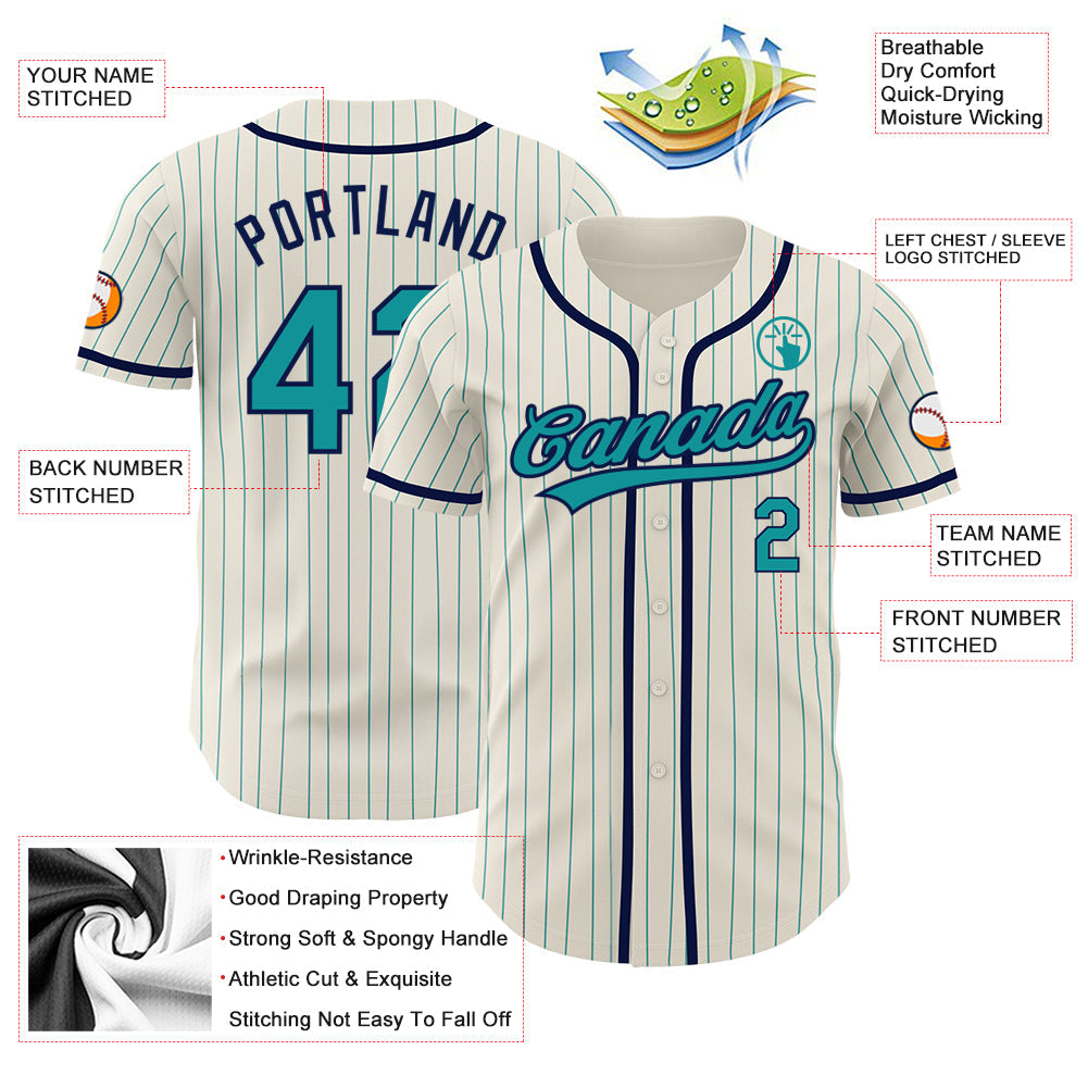 Custom Cream Teal Pinstripe Navy Authentic Baseball Jersey view 3