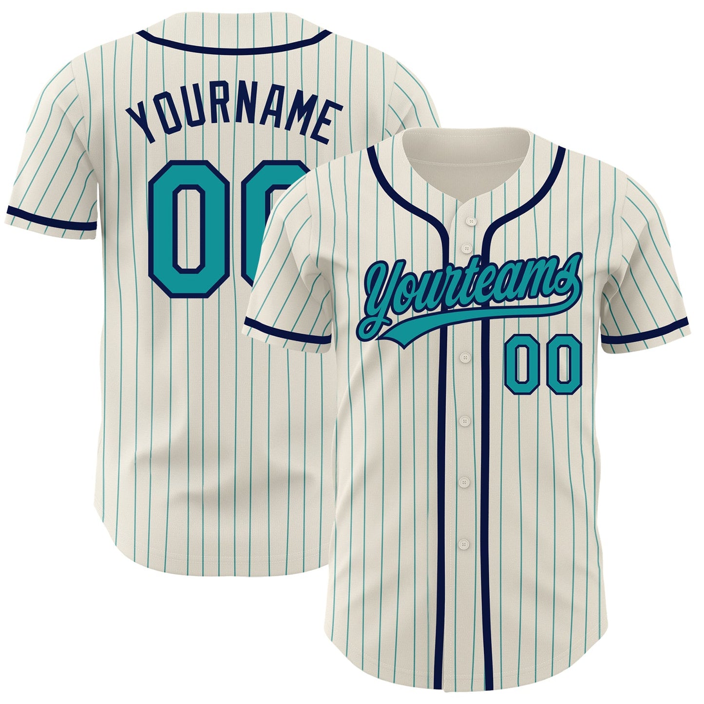 Custom Cream Teal Pinstripe Navy Authentic Baseball Jersey - Main View