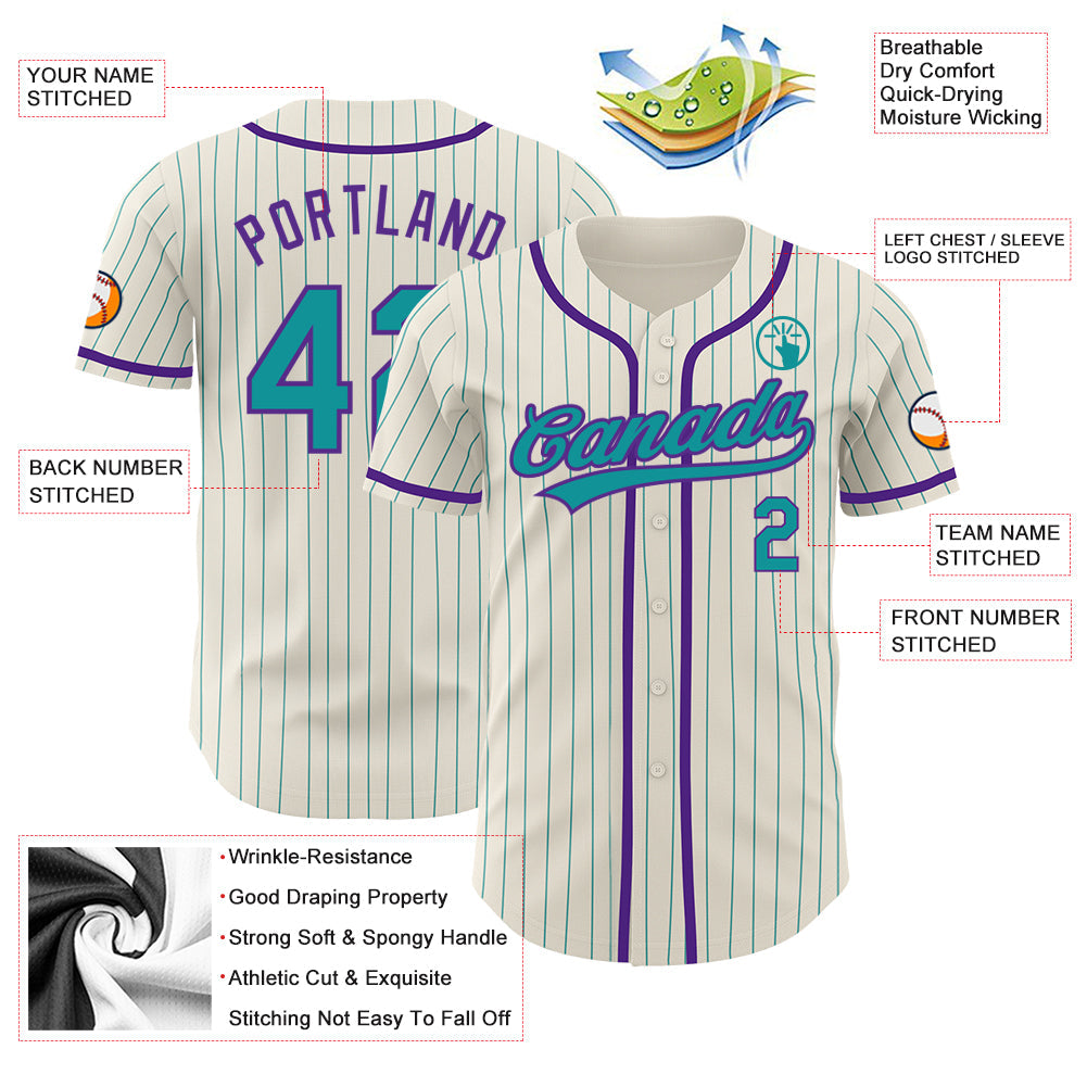 Custom Cream Teal Pinstripe Purple Authentic Baseball Jersey view 3