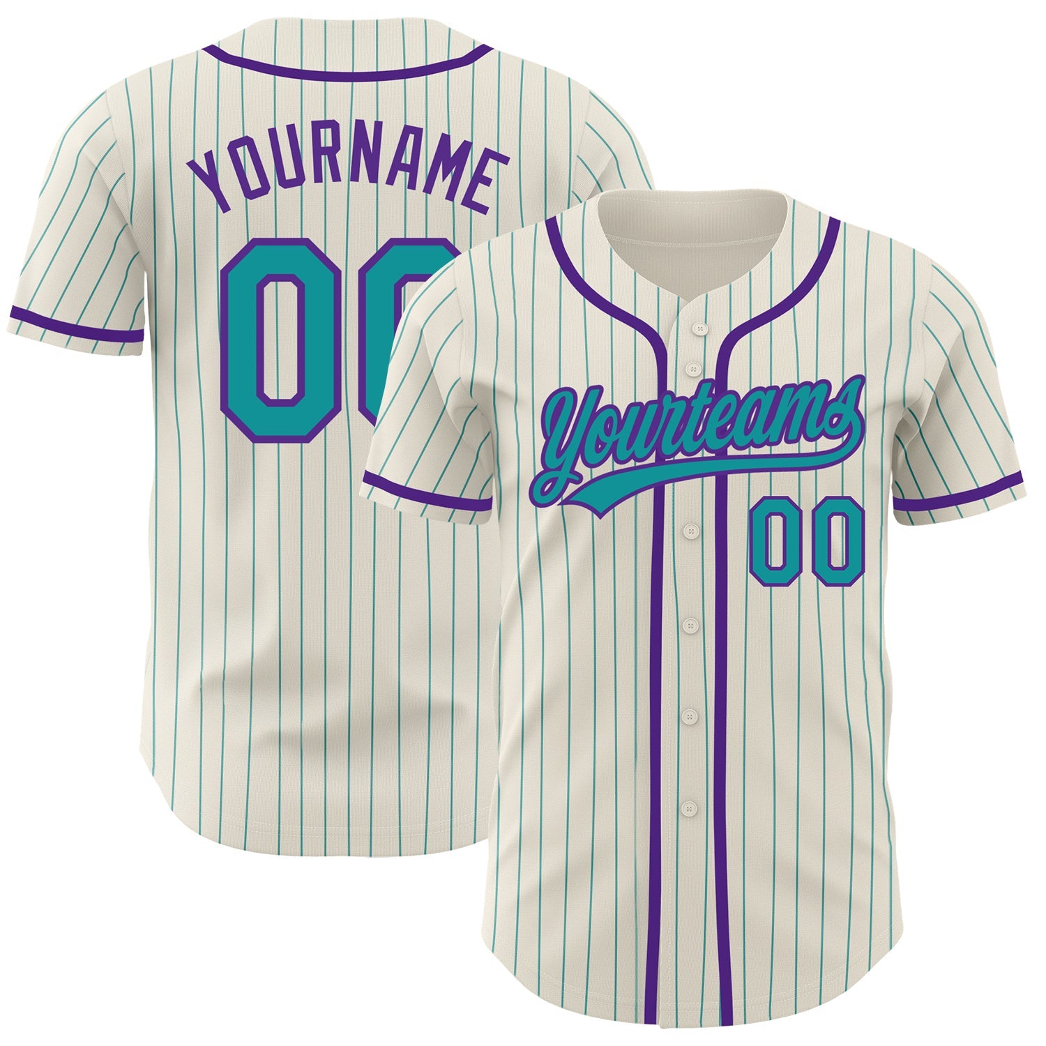 Custom Cream Teal Pinstripe Purple Authentic Baseball Jersey - Main View