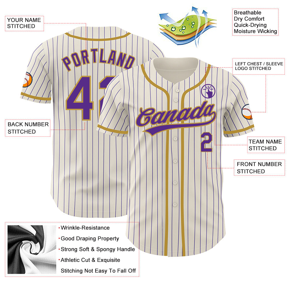 Custom Cream Purple Pinstripe Old Gold Authentic Baseball Jersey view 3