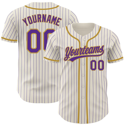 Custom Cream Purple Pinstripe Old Gold Authentic Baseball Jersey - Main View