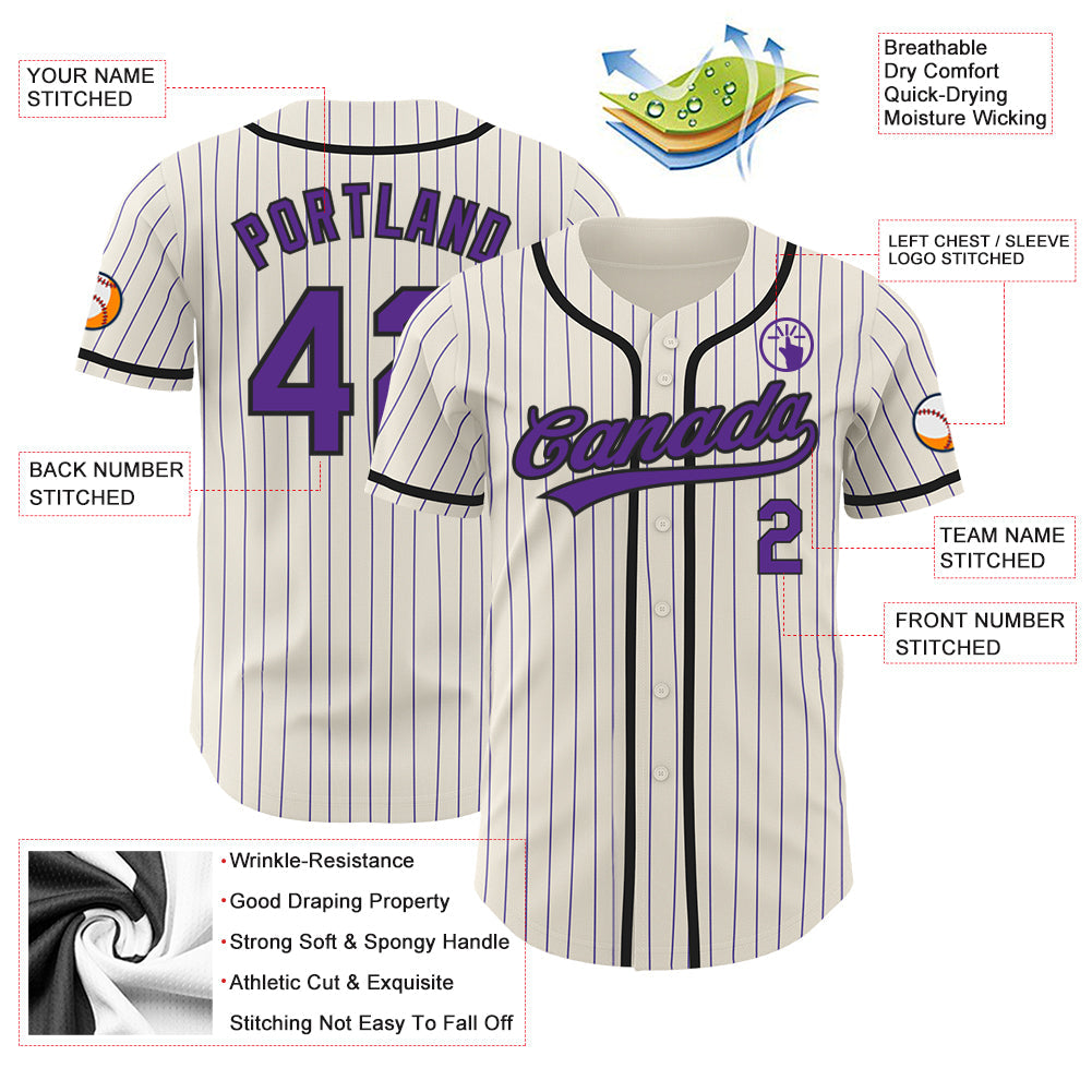 Custom Cream Purple Pinstripe Black Authentic Baseball Jersey view 3