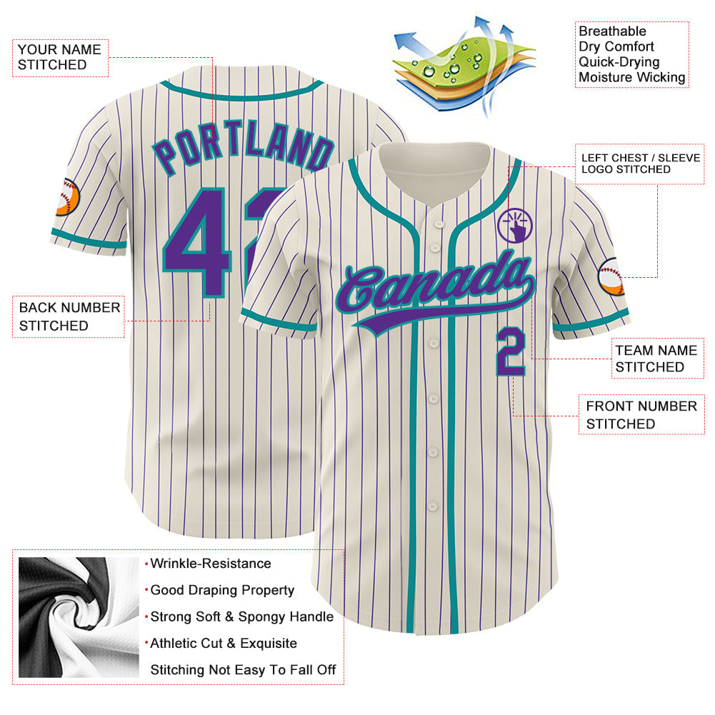 Custom Cream Purple Pinstripe Teal Authentic Baseball Jersey view 3