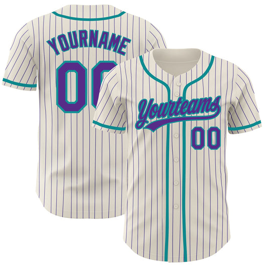 Custom Cream Purple Pinstripe Teal Authentic Baseball Jersey - Main View