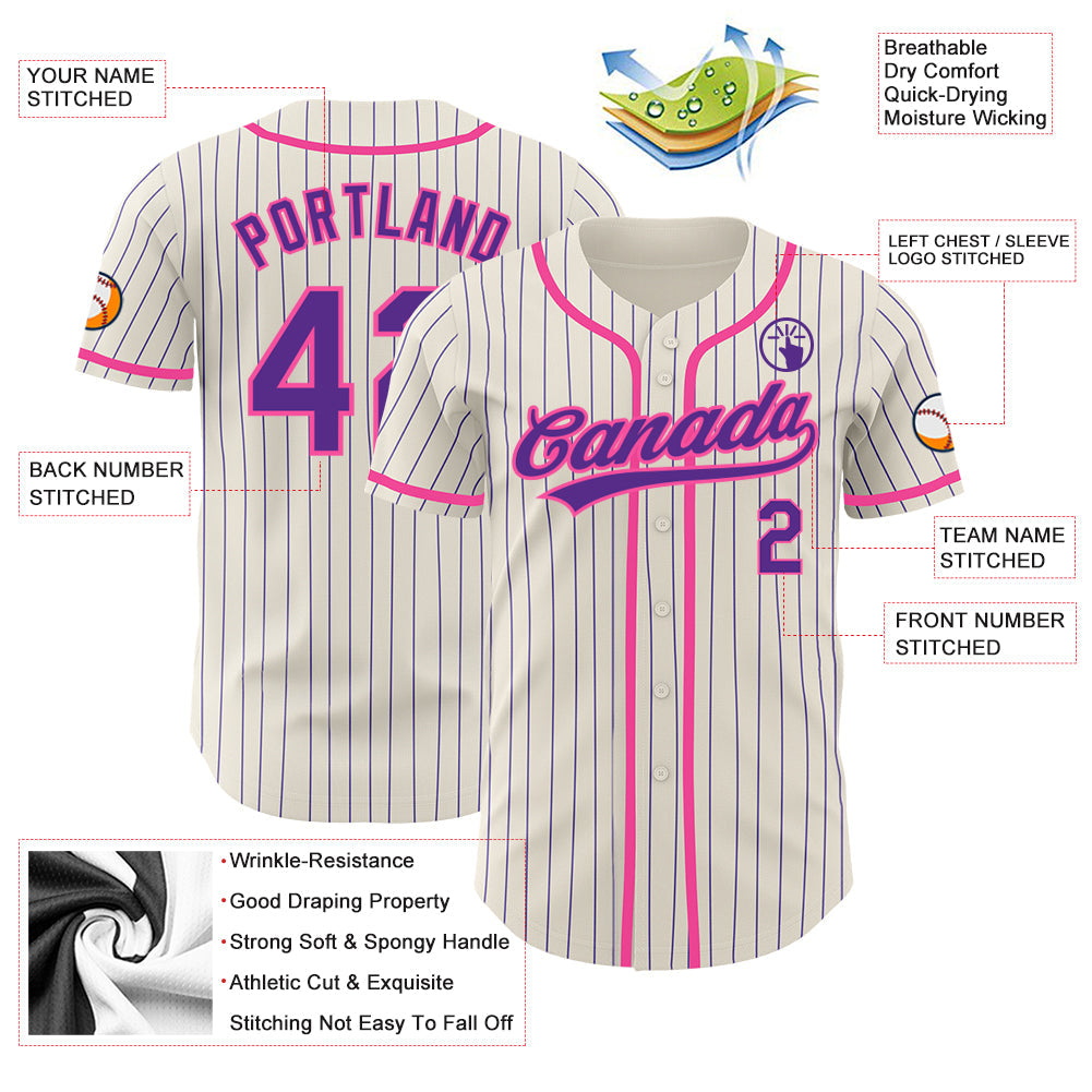 Custom Cream Purple Pinstripe Pink Authentic Baseball Jersey view 3