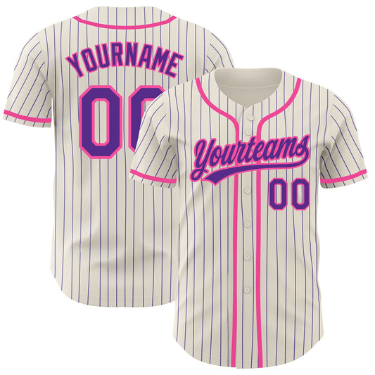 Custom Cream Purple Pinstripe Pink Authentic Baseball Jersey - Main View