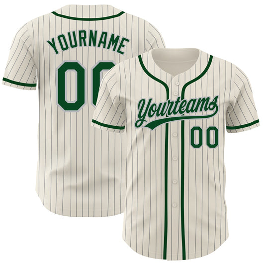 Custom Cream Gray Pinstripe Green Authentic Baseball Jersey - Main View