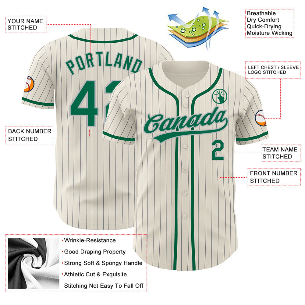 Custom Cream Gray Pinstripe Kelly Green Authentic Baseball Jersey view 3