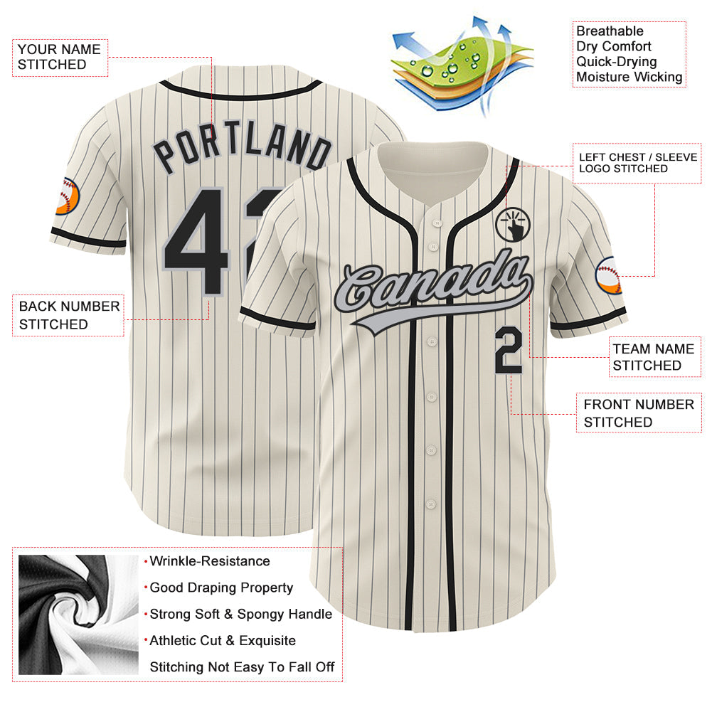 Custom Cream Gray Pinstripe Black Authentic Baseball Jersey view 3