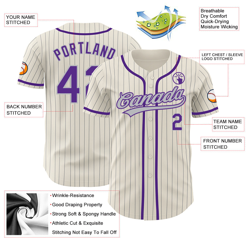Custom Cream Gray Pinstripe Purple Authentic Baseball Jersey view 3