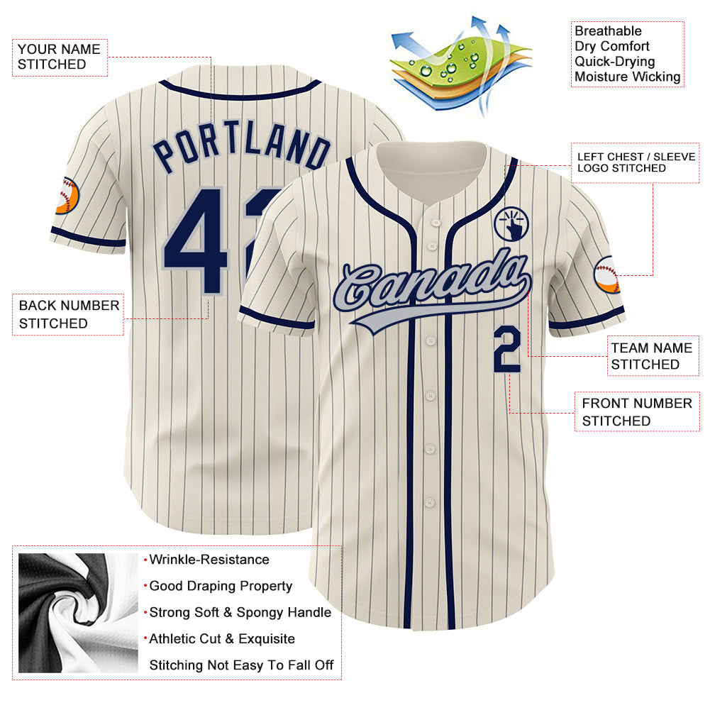 Custom Cream Gray Pinstripe Navy Authentic Baseball Jersey view 4