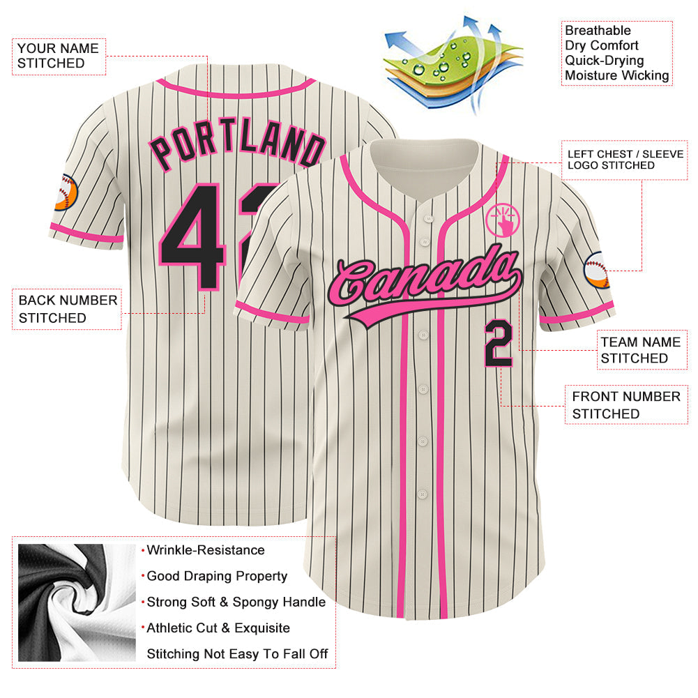 Custom Cream Black Pinstripe Pink Authentic Baseball Jersey view 3