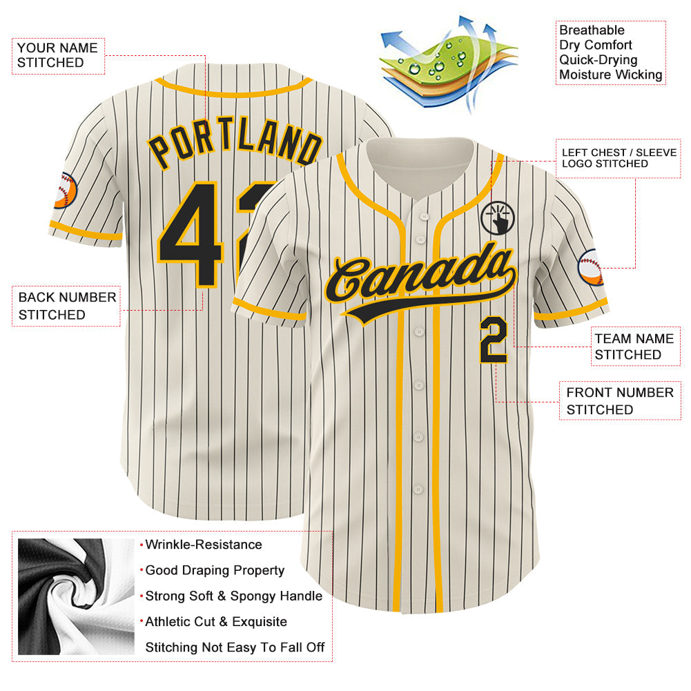 Custom Cream Black Pinstripe Gold Authentic Baseball Jersey view 3