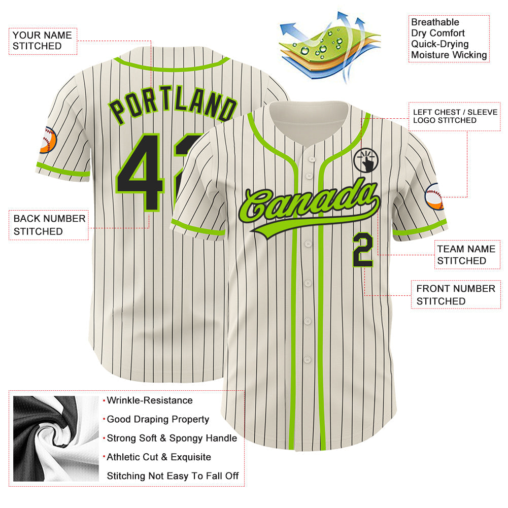 Custom Cream Black Pinstripe Neon Green Authentic Baseball Jersey view 3