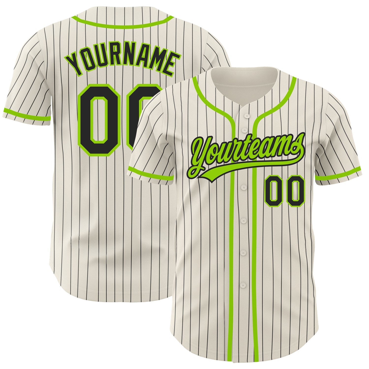 Custom Cream Black Pinstripe Neon Green Authentic Baseball Jersey - Main View