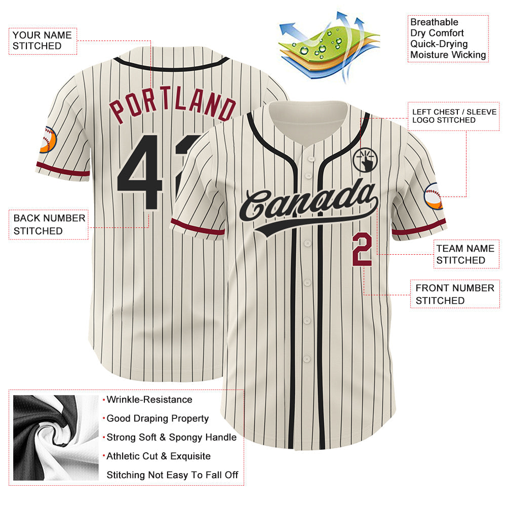 Custom Cream Black Pinstripe Crimson Authentic Baseball Jersey view 3