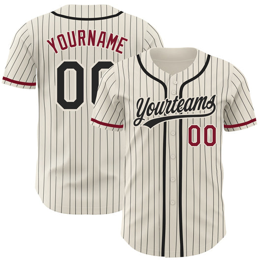 Custom Cream Black Pinstripe Crimson Authentic Baseball Jersey - Main View