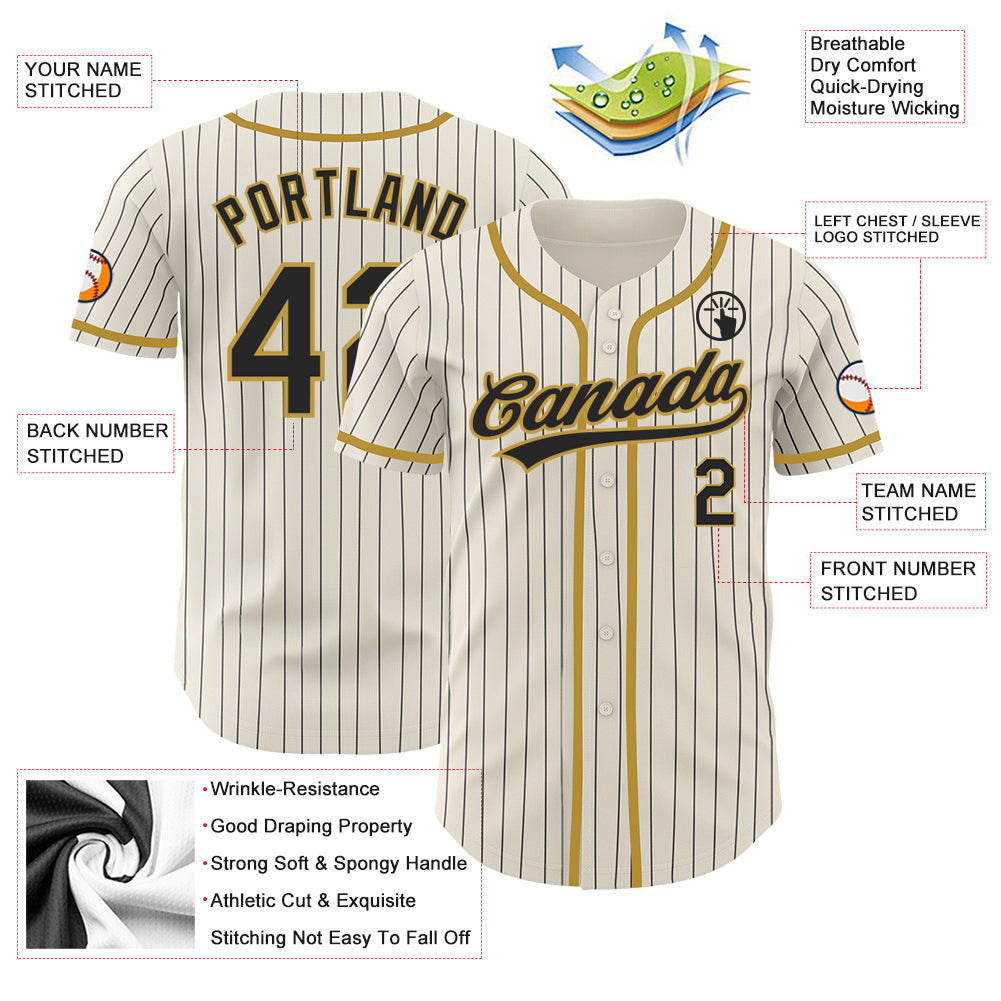 Custom Cream Black Pinstripe Old Gold Authentic Baseball Jersey view 3