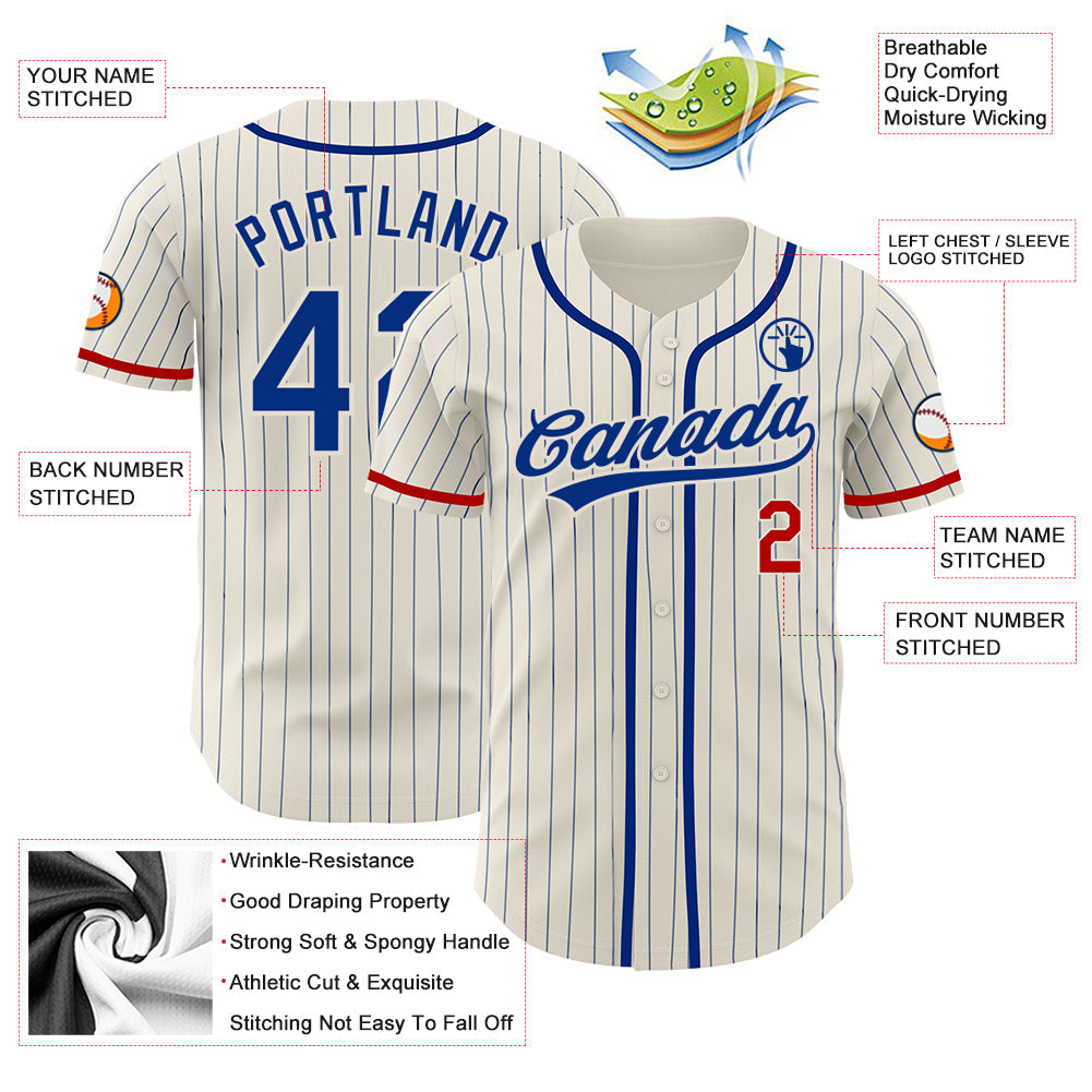 Custom Cream Royal Pinstripe Red Authentic Baseball Jersey view 3