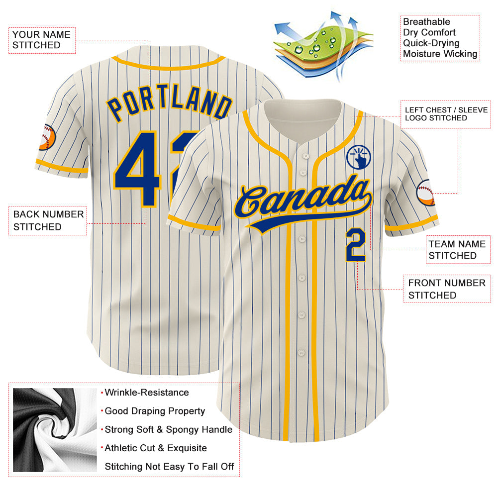 Custom Cream Royal Pinstripe Gold Authentic Baseball Jersey view 3