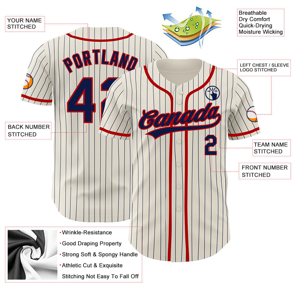 Custom Cream Navy Pinstripe Red Authentic Baseball Jersey view 3