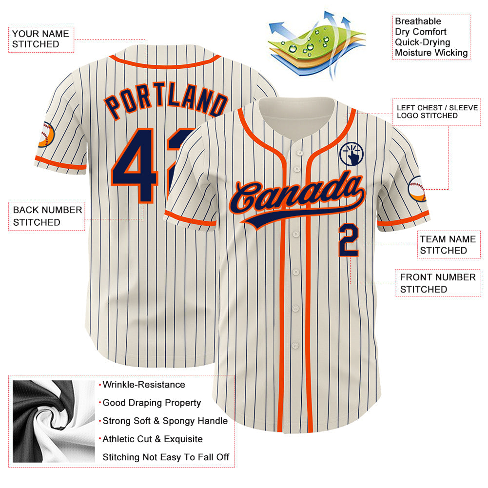 Custom Cream Navy Pinstripe Orange Authentic Baseball Jersey view 3