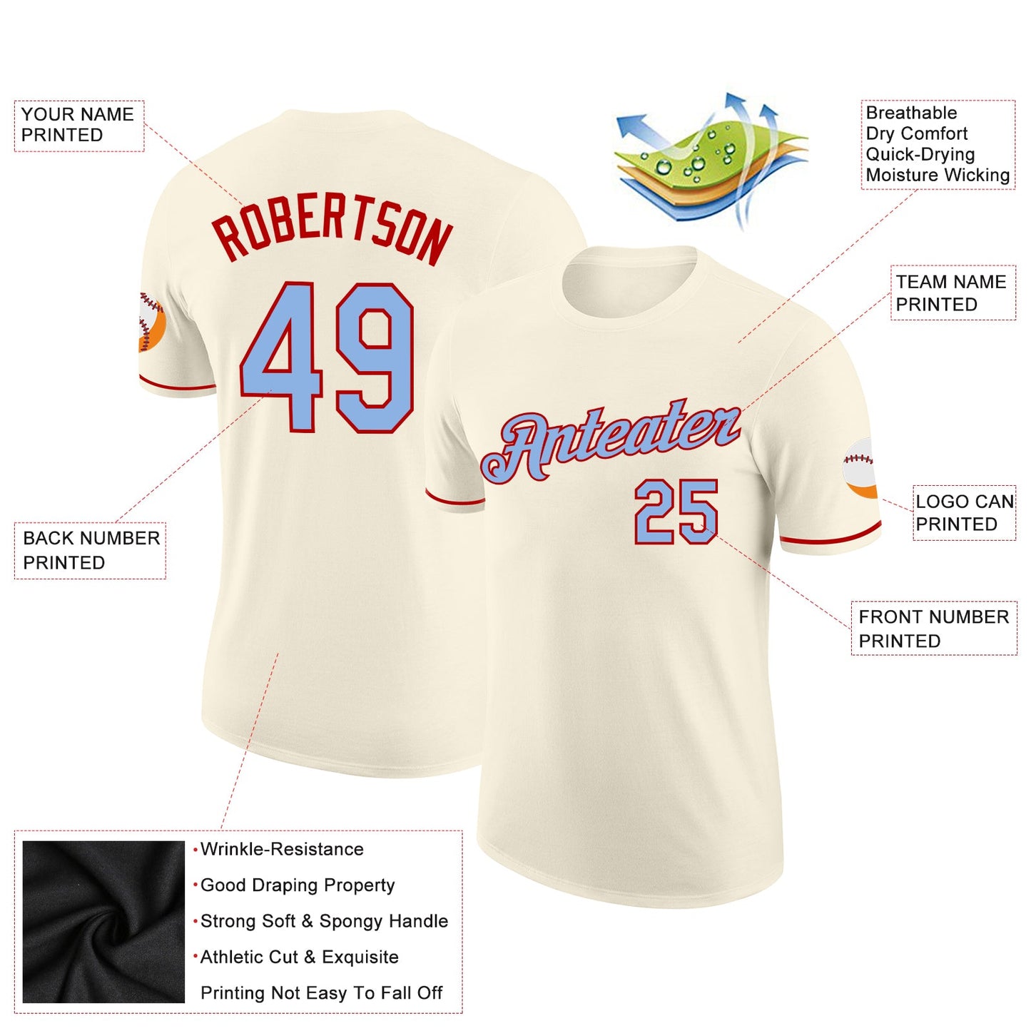 Custom Cream Light Blue-Red Performance T-Shirt view 2