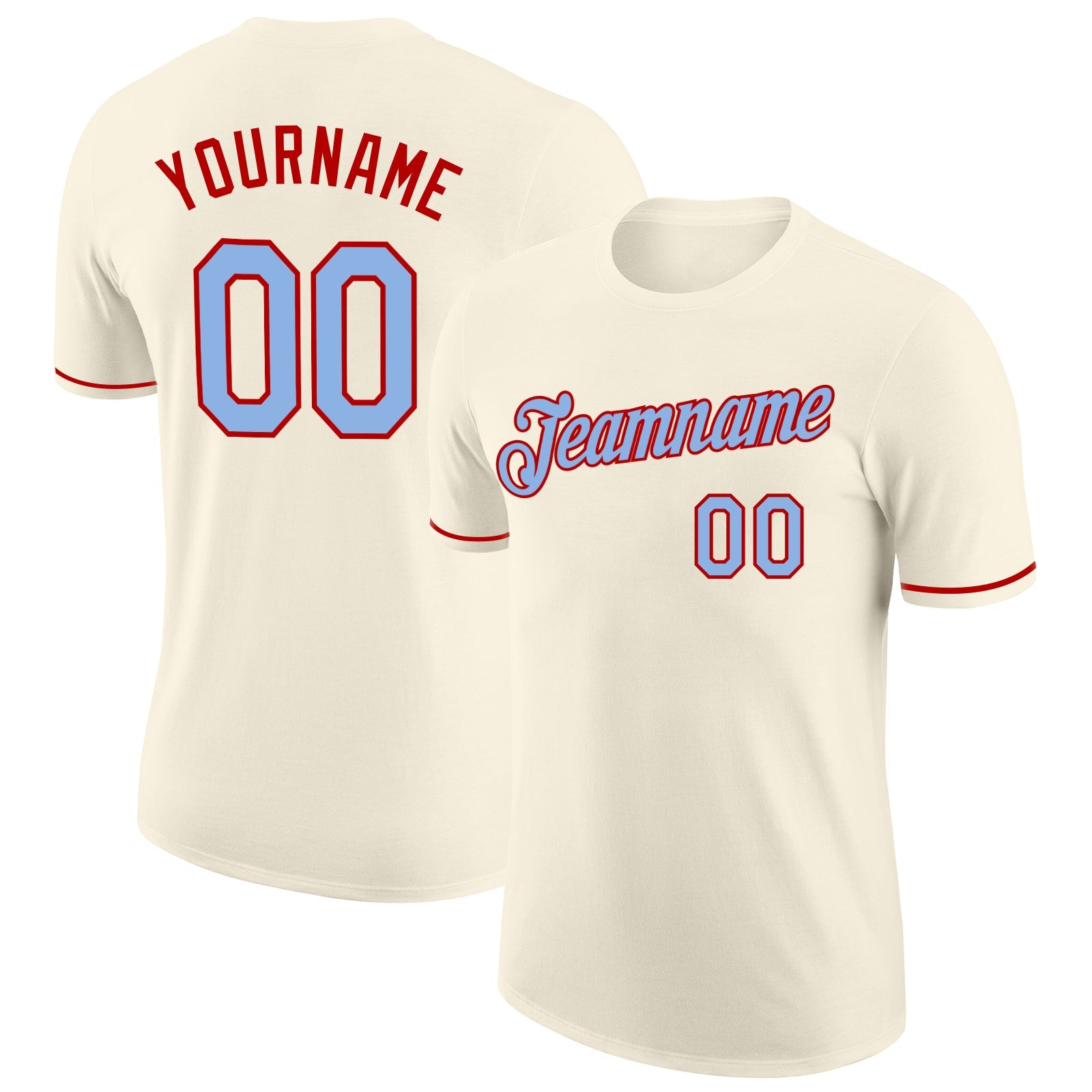 Custom Cream Light Blue-Red Performance T-Shirt - Main View