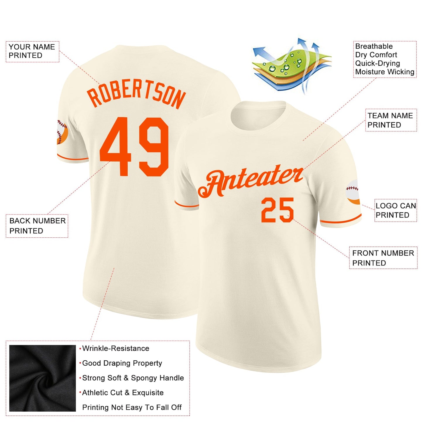 Custom Cream Orange Performance T-Shirt view 2