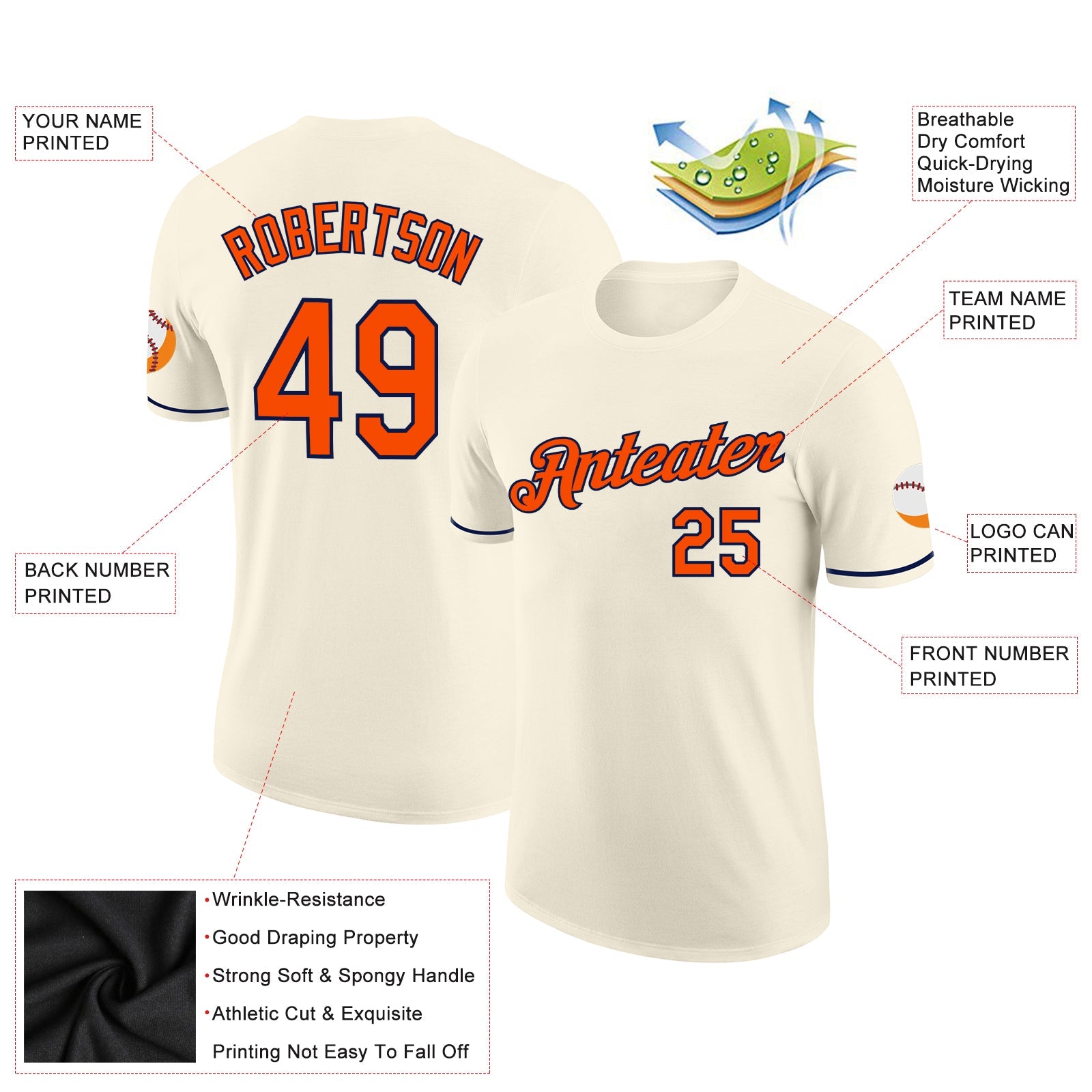 Custom Cream Orange-Navy Performance T-Shirt view 2