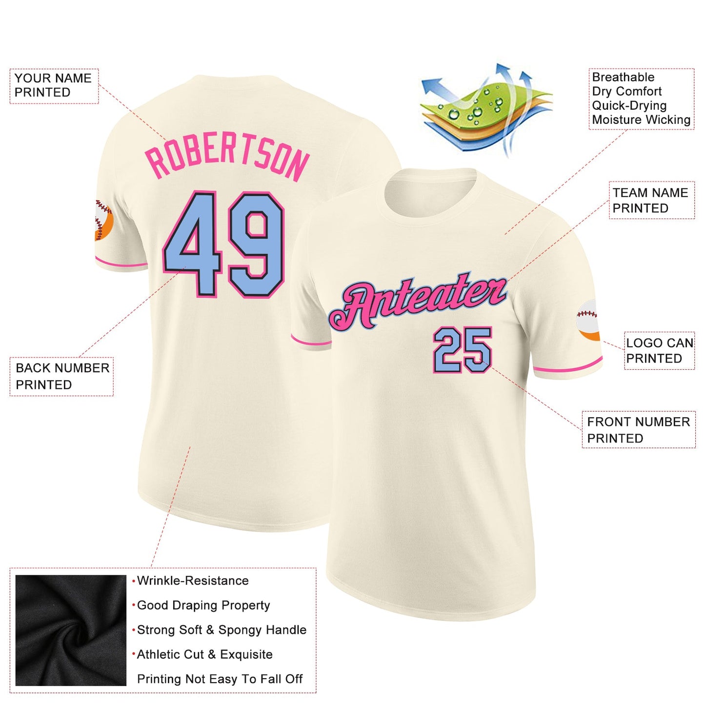 Custom Cream Light Blue Black-Pink Performance T-Shirt view 2
