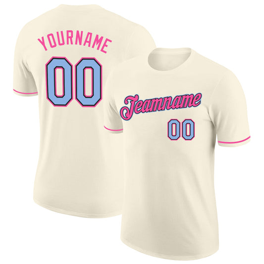 Custom Cream Light Blue Black-Pink Performance T-Shirt - Main View