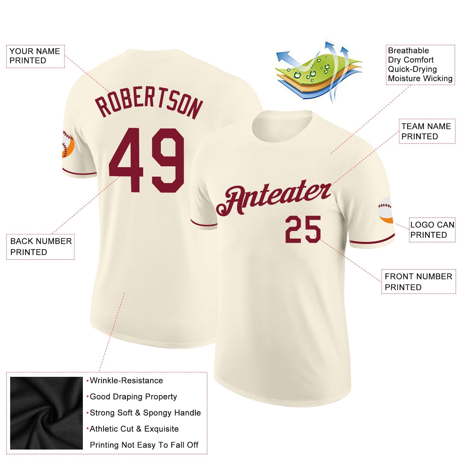 Custom Cream Crimson Performance T-Shirt view 2