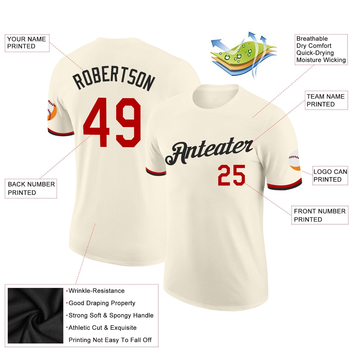 Custom Cream Red-Black Performance T-Shirt view 2