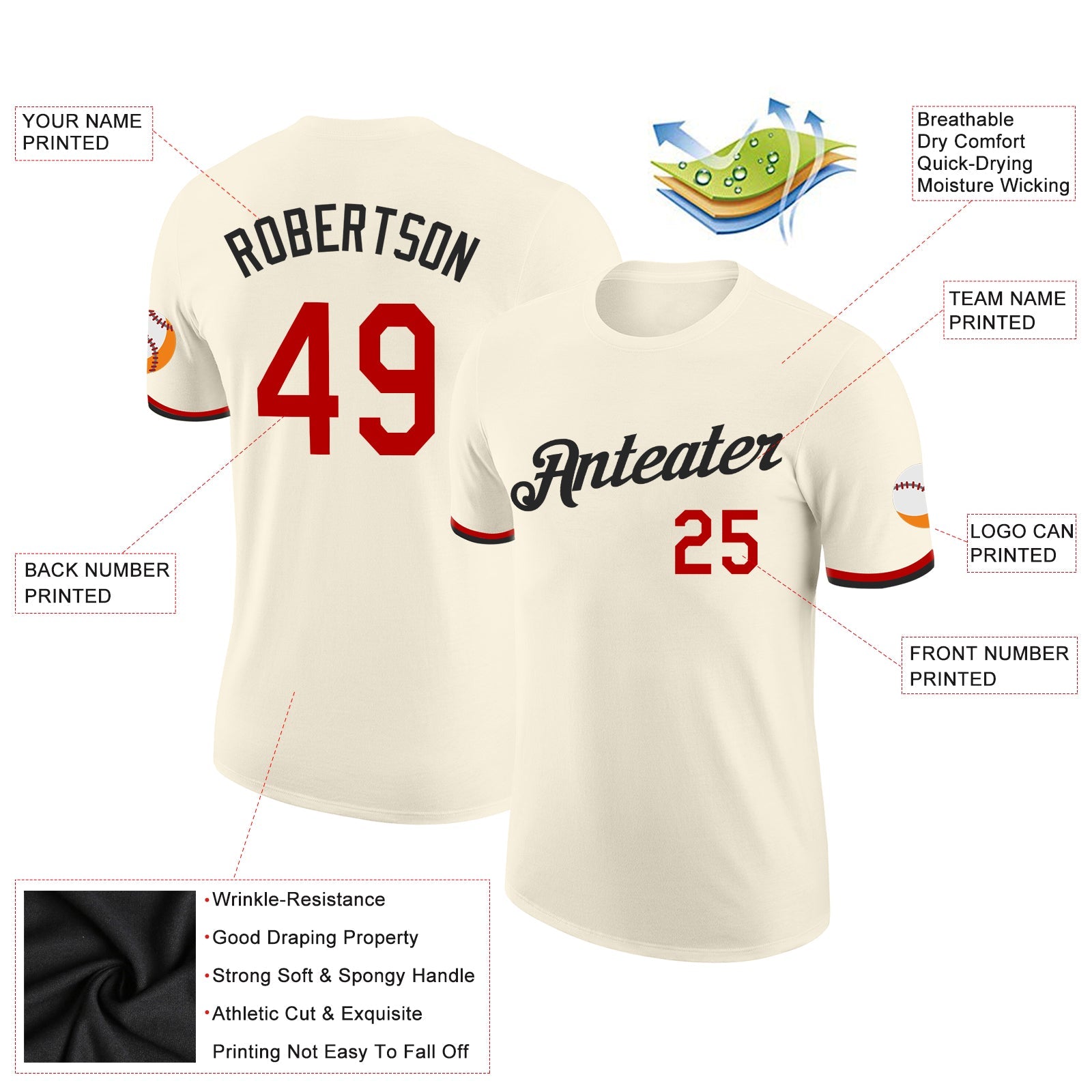 Custom Cream Red-Black Performance T-Shirt view 2